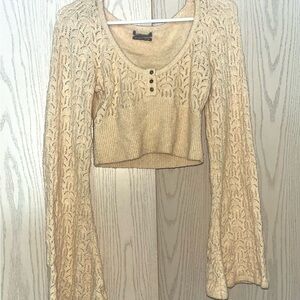 Urban Outfitters Beige Knit Henley Crop Top with Flare Sleeves